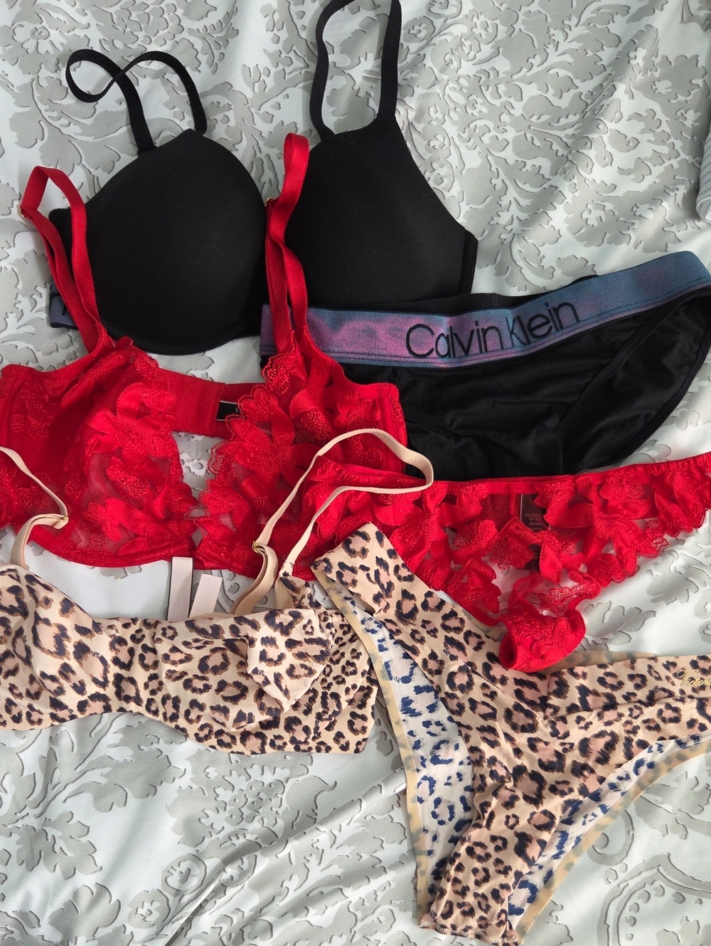Bundle Victoria's Secret Red Lace & Leopard Panty Set & Black Calvin Klein Set